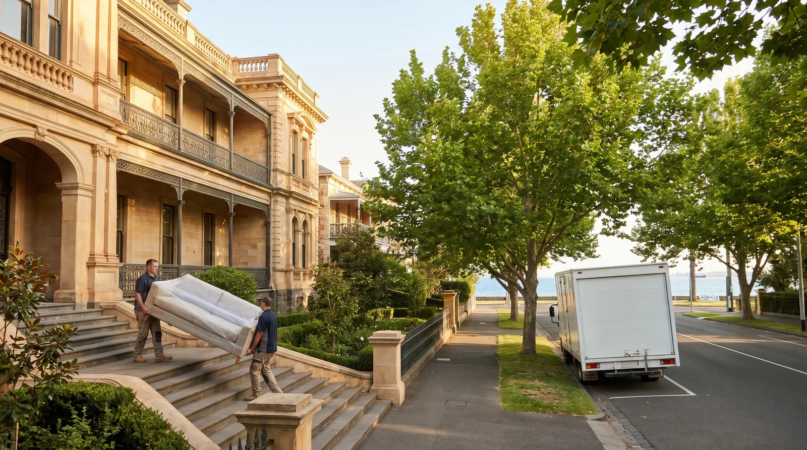 A careful crew carrying a wrapped sofa down the steps of a grand period mansion on a leafy Brighton bayside street, the blue bay beyond